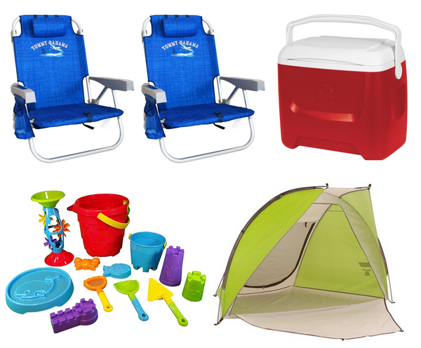 Two beach chairs, baby beach toys, cooler, and family beach tent 