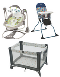 pack and play, baby swing, baby highchair 