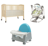 Includes a Dream on Me brand crib (55 x 32 inches) with two bed levels, baby booster chair with tray. baby swing