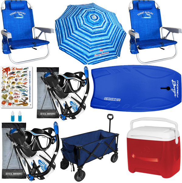 Beach Deluxe rental package with chair, umbrella, bodyboard, cooler, snorkel set, fishcard id